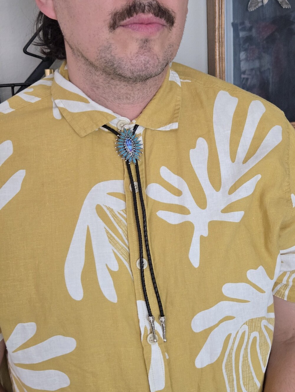 Silver Faux Turquoise Western Bolo Tie Leather Braid Rockstar 70s Aesthetic